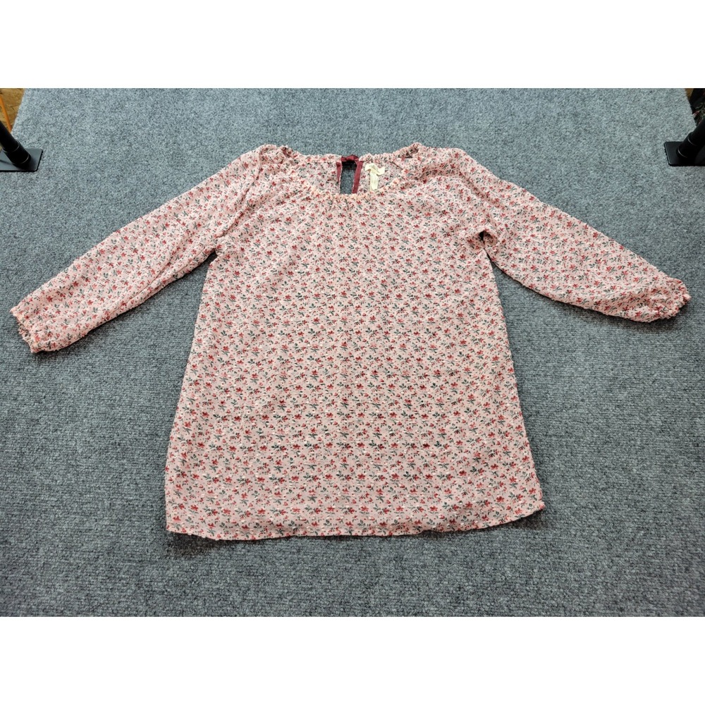Matilda Jane Pink Floral Clip Dot Blouse Long Sleeve Ribbon Tie Back Small